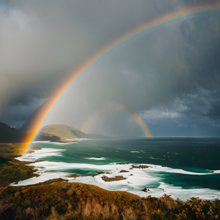 Rainbow over the sea in Iceland. Dramatic sky. Beauty world.の素材