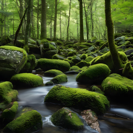 Beautiful forest river landscape with green moss and stones in the foregroundの素材