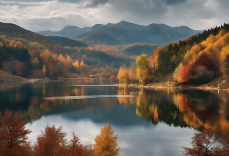 Autumn landscape with colorful forest and lake in the Carpathian mountainsの素材