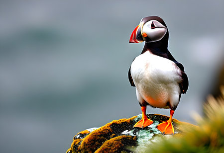 Puffin standing on the rock. Iceland. Atlantic Ocean.の素材