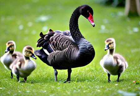 Black swans in the park. Beautiful nature scene with swans.の素材
