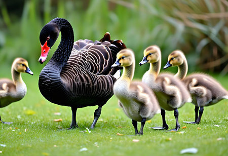 Black swans in the park. Beautiful nature scene with swans.の素材
