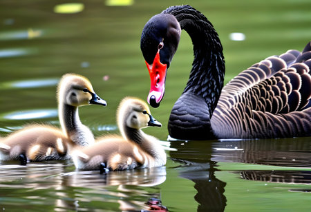 Black swan with goslings swimming on a lake in summerの素材