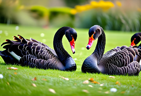 Black swans in the park. Beautiful nature scene with swans.の素材