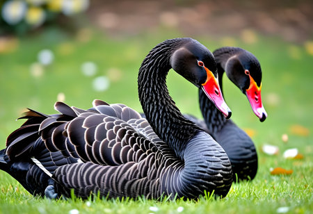 Black swans in the park. Beautiful nature scene with swans.の素材
