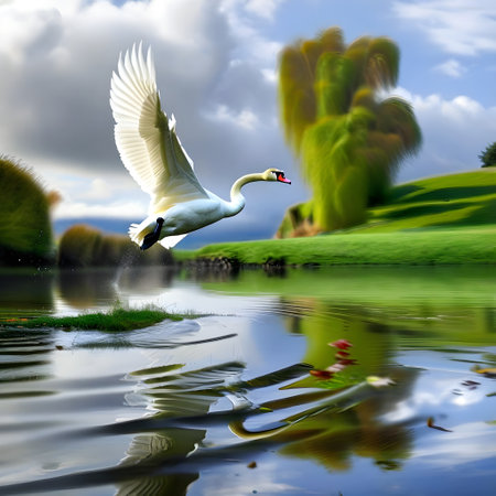 Beautiful white swan flying over the lake in the park.の素材