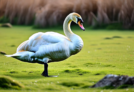 Beautiful white swan on green grassの素材