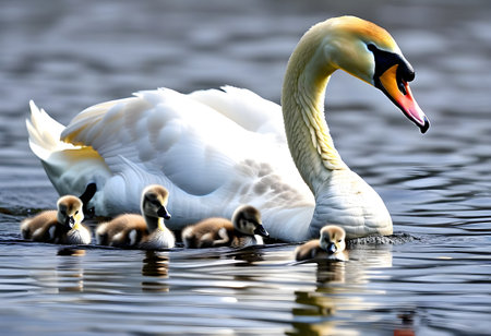 swan on blue lake water in sunny day, swans on pond, nature seriesの素材