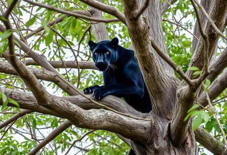 Black panther sitting on a tree in a park. Wild cat.の写真素材