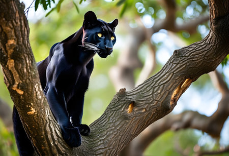 Black panther sitting on a tree in a park. Wild cat.の写真素材