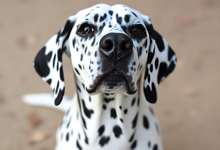 Dalmatian dog standing on green grass in autumn park.の素材