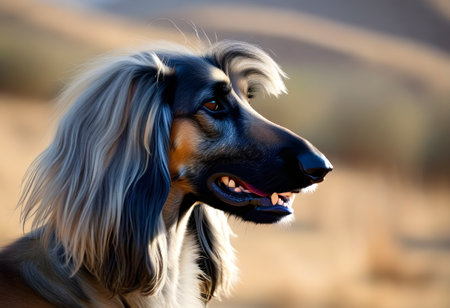 Afghan hound dog standing on the green grass in the fieldの素材