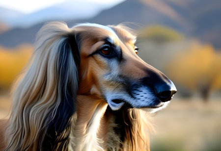 Afghan hound dog standing on the green grass in the fieldの素材