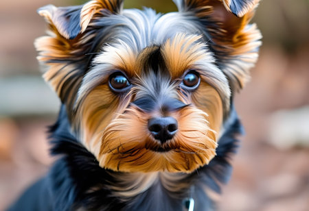 Yorkshire Terrier dog portrait with blue eyes on a blurred backgroundの素材