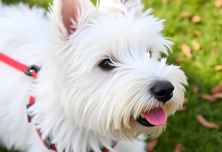 Yorkshire Terrier dog sitting on the green grass in the parkの素材