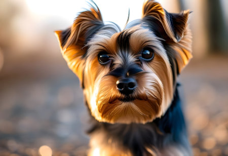 Yorkshire Terrier dog portrait with blue eyes on a blurred backgroundの素材
