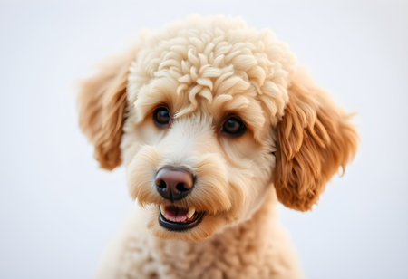 Cute white poodle dog with blue eyes looking at the cameraの素材