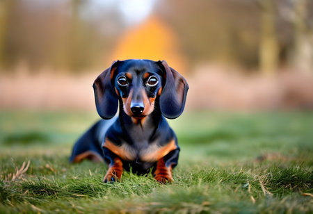 image of dog dachshund close up on the nature backgroundの素材