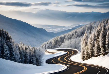 Mountain road with snow in winter. Caucasus Mountains, Georgia.の素材