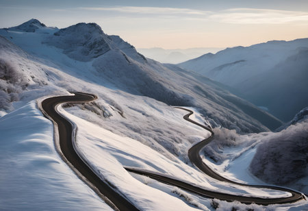 Mountain road with snow in winter. Caucasus Mountains, Georgia.の素材