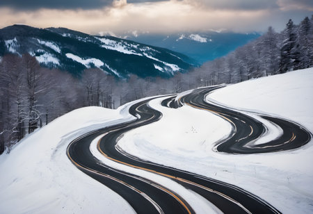 Mountain road with snow in winter. Caucasus Mountains, Georgia.の素材