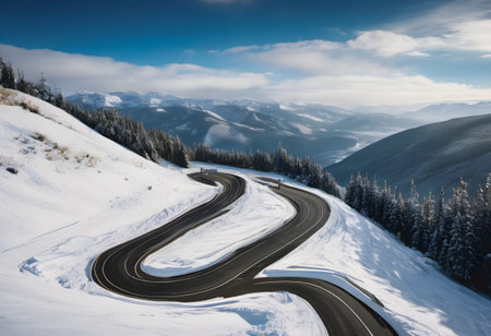 Mountain road with snow in winter. Caucasus Mountains, Georgia.の素材