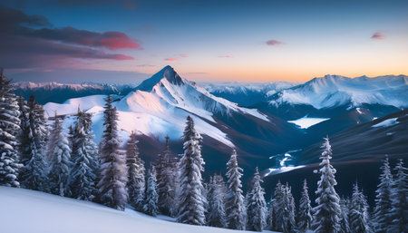 Beautiful winter landscape with snow covered mountain peaks and coniferous forestの素材