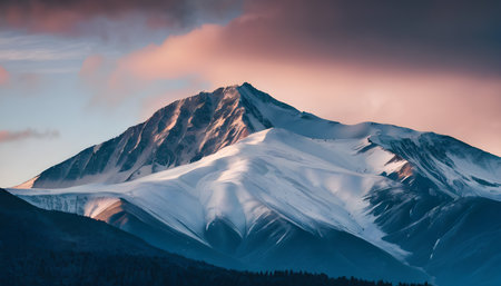 Beautiful winter landscape with snow covered mountain peaks and coniferous forestの素材