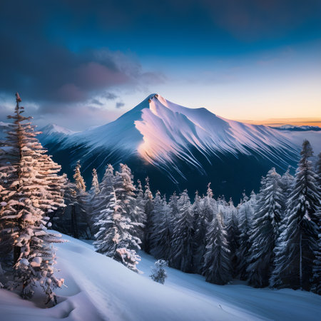 Beautiful winter landscape with snow covered mountain peaks and coniferous forestの素材