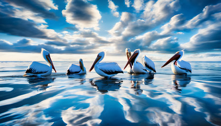 Group of white pelicans swimming in the lake at sunset time.の素材