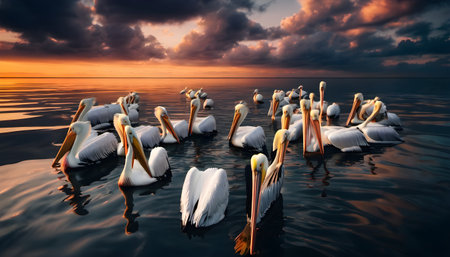 Group of white pelicans swimming in the lake at sunset time.の素材