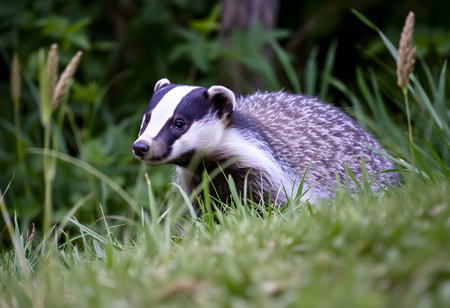 Badger, Meles meles, single mammal in grass, UKの素材