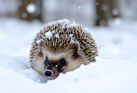 hedgehog on snow in winter forest (Scientific name: Erinaceus Europaeus)の素材