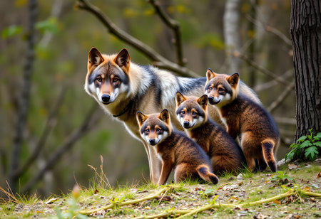 Group of Akita Inu puppies standing in the forest. Japanの素材
