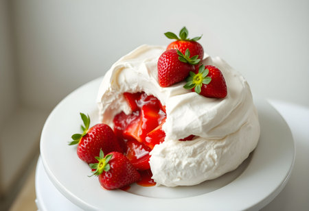 delicious strawberry cake with a lot pf whipped cream, around and in the middle, top viewの素材