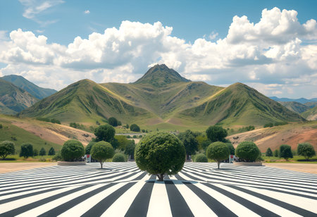3D rendering of a zebra crossing with a beautiful landscape in the backgroundの素材