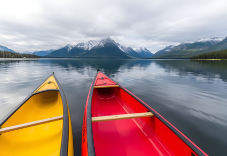 Colorful kayaks on Lake Louise in Banff National Park, Alberta, Canadaの素材