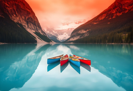 Colorful kayaks on Lake Louise in Banff National Park, Alberta, Canadaの素材