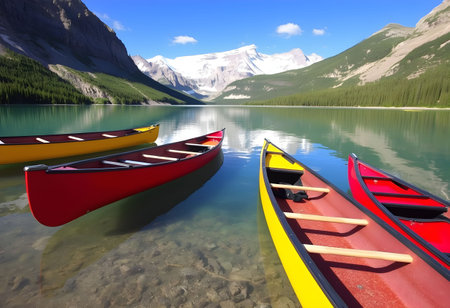 Colorful kayaks on Lake Louise in Banff National Park, Alberta, Canadaの素材