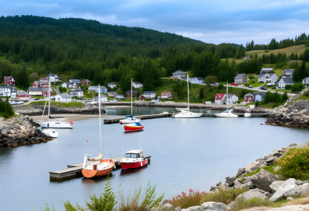 Houses on the shore of a fjord in Norway.の素材