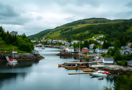 Houses on the shore of a fjord in Norway.の素材