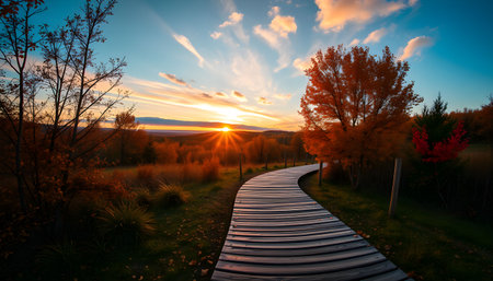 Wooden boardwalk in the autumn park at sunset. Beautiful landscape.の素材