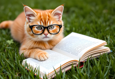 Cute ginger kitten lying on book and looking at camera on green grassの素材