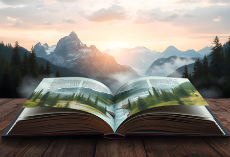 Open book on wooden table with mountains background. Travel and adventure conceptの素材