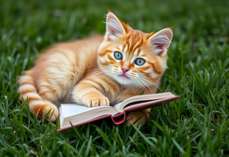 Cute ginger kitten lying on book and looking at camera on green grassの素材