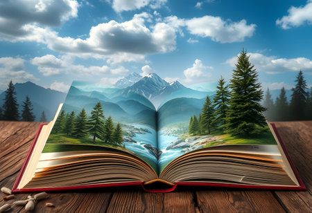 Open book on wooden table with mountains background. Travel and adventure conceptの素材