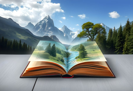 Open book on wooden table with mountains background. Travel and adventure conceptの素材