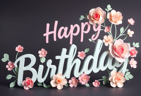 Happy Birthday lettering with paper flowers on white background, flat layの素材