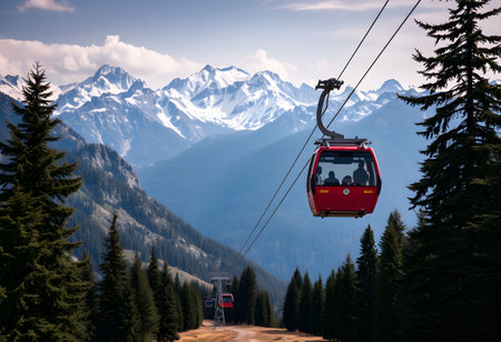 Cable car on the background of the mountains and the blue skyの素材