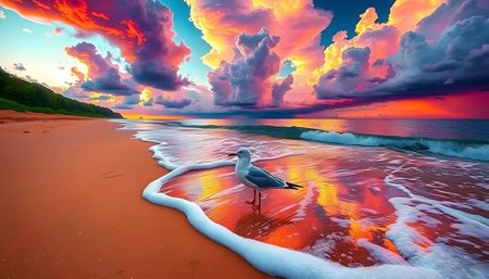 Seagull on the beach at sunset. Beautiful seascape.の素材